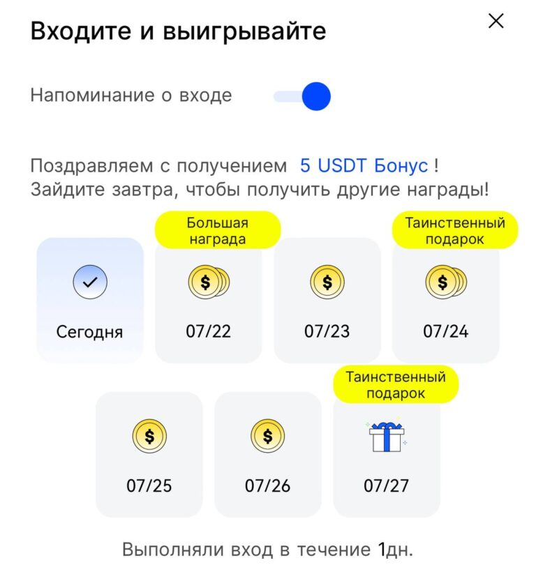 Лутаем USDT бонусы за ежедневный вход в BingX
