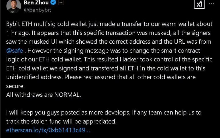 Взлом Bybit: Хакер вывел 1.1 млрд долларов в ETH